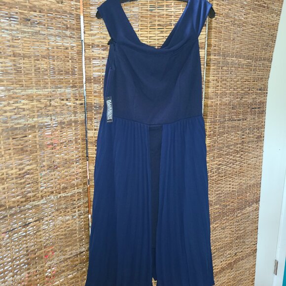 NWT NY&C Navy Blue Dress Drop Shoulder Sleeveless Pleated Wrap Skirt SZ L - Picture 4 of 9
